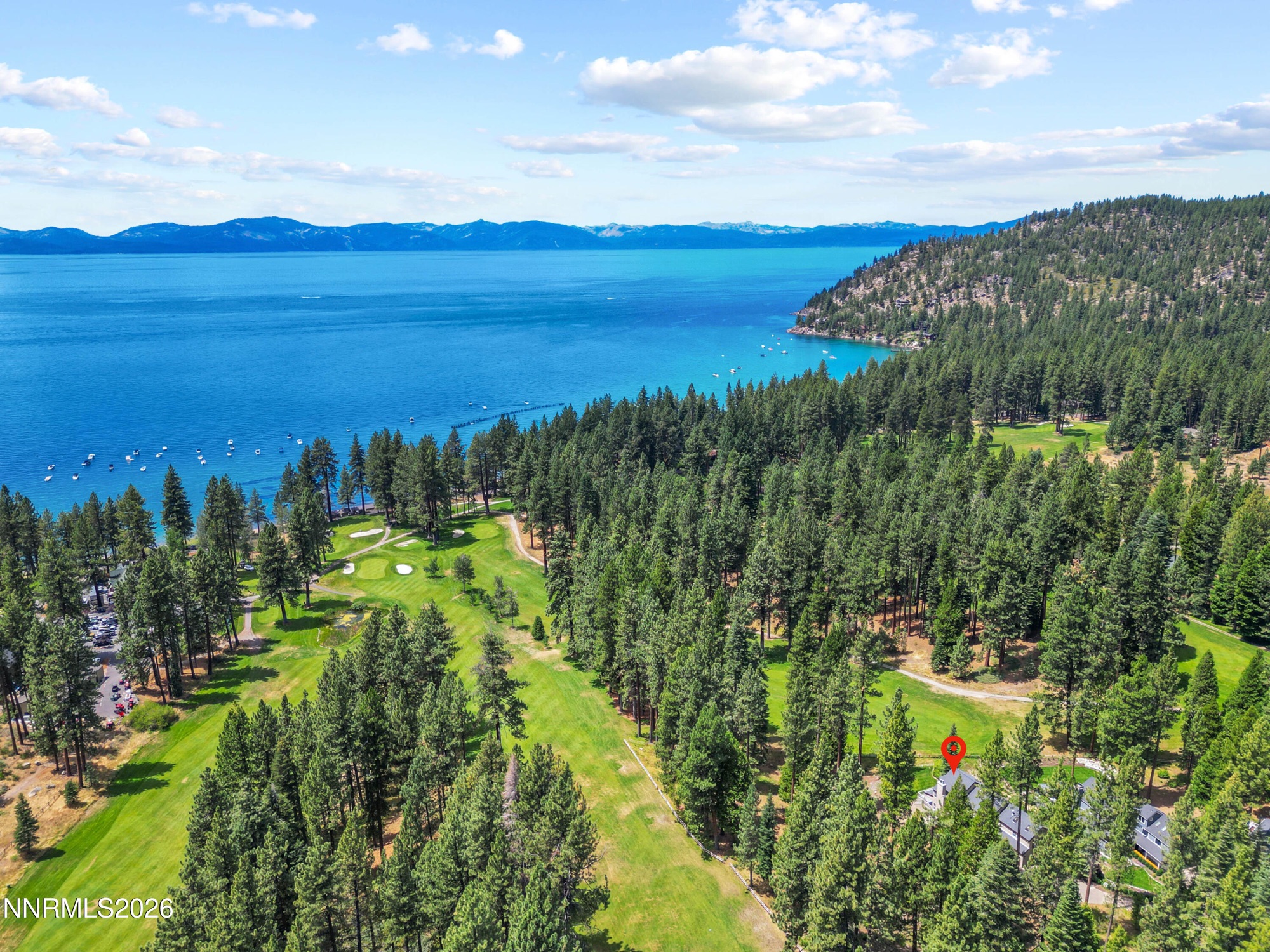 Aerial view across Glenbrook golf course toward Lake Tahoe